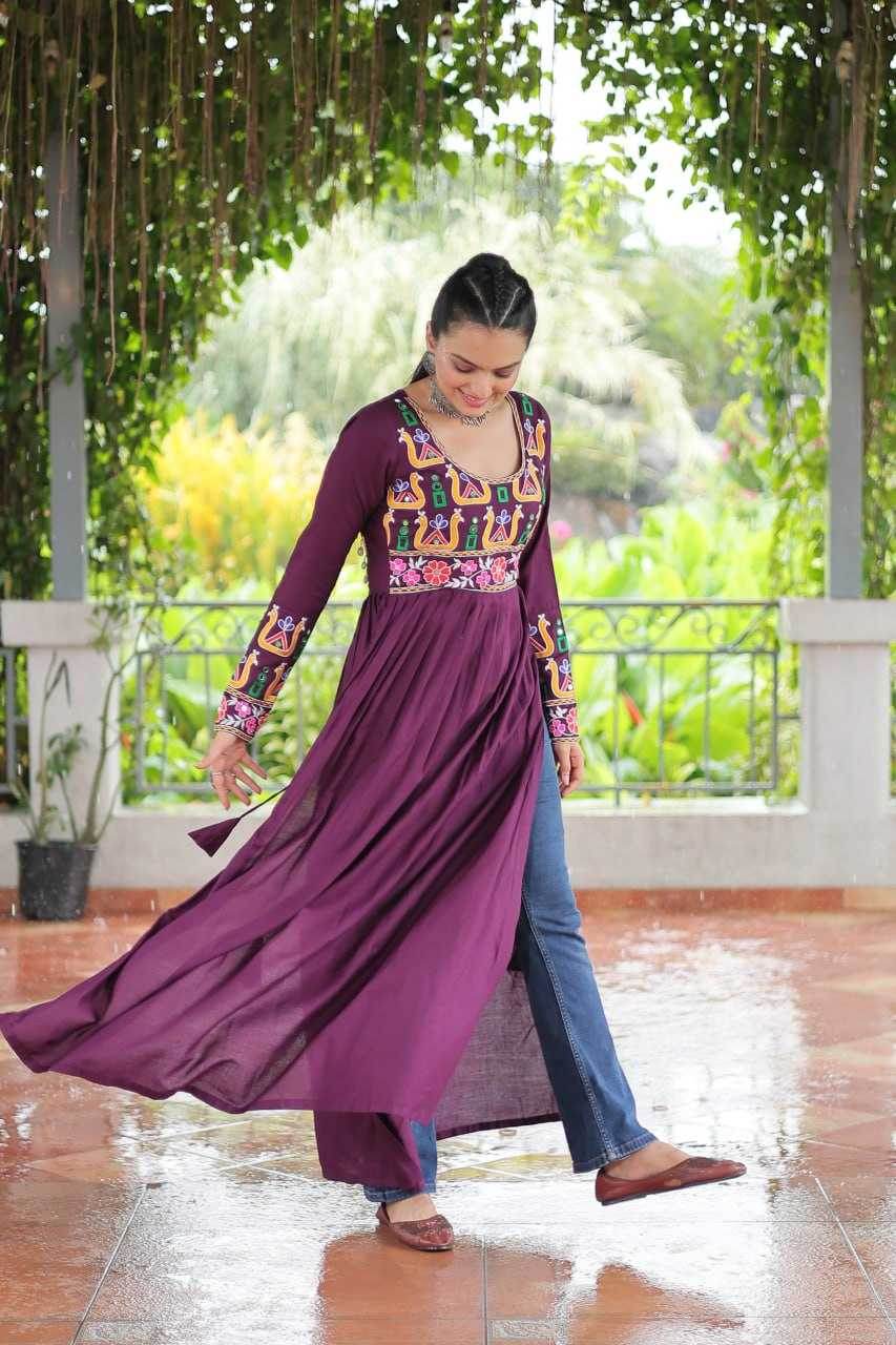 Reyon Cotton Long Embroidered Navratri Kurti - MYLUXURY LANE ENTERPRISE